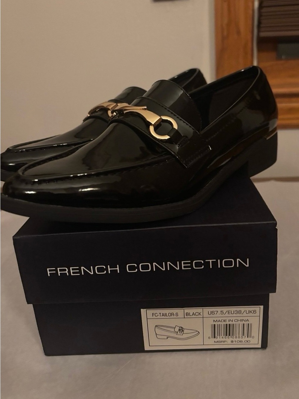 French Connection Black Patent Loafers with Gold Hardware